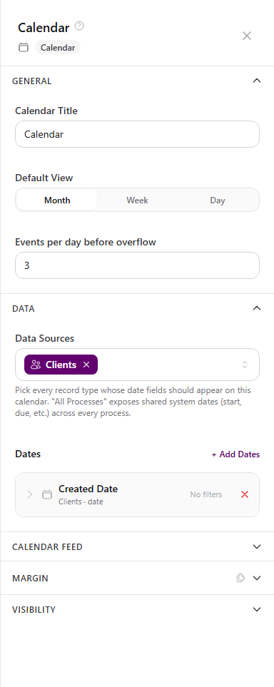 Calendar properties with Month, Week, and Day defaults, event overflow setting, Data Sources selector, and Add Dates control