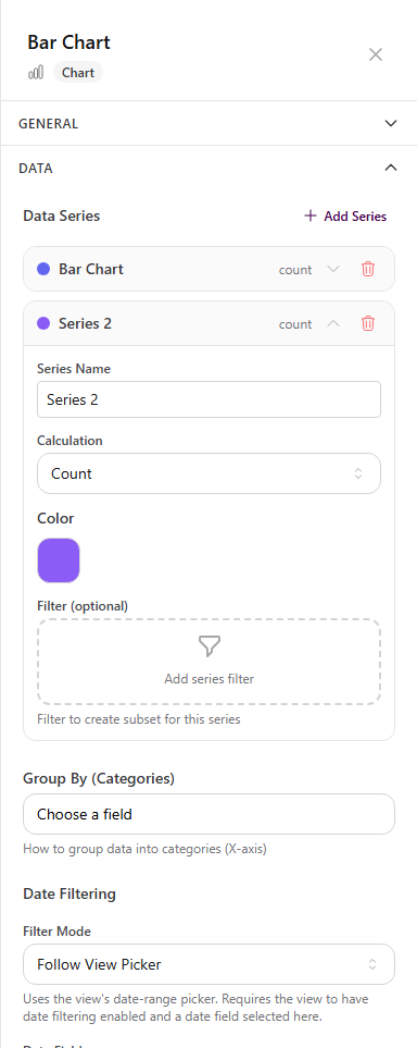 Bar Chart Data properties with Add Series, Group By, date filtering, sort order, data limit, and filter builder