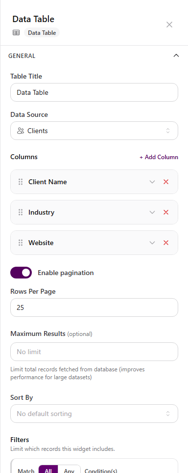 Data Table properties showing the Clients data source, pagination, Sort By, and a filter builder with All or Any matching and Add condition