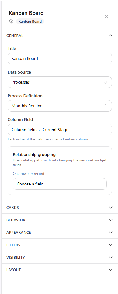 Kanban Board properties with Processes as the data source, a Process Definition selector, and Current Stage as the column field