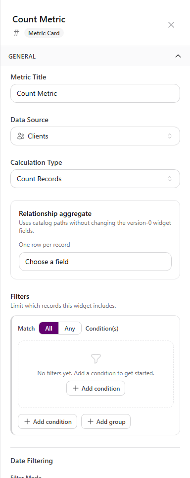 Count Metric properties with Clients as the data source, Count Records calculation, relationship aggregate, filters, and date filtering